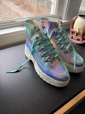 Sparkl Fairy Iridescent Platform Lace-Up Ankle Boots- rave and festival boots